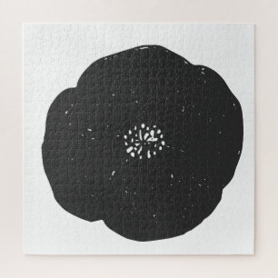 Retro Poppy Floral Art Pattern in Black and White Jigsaw Puzzle