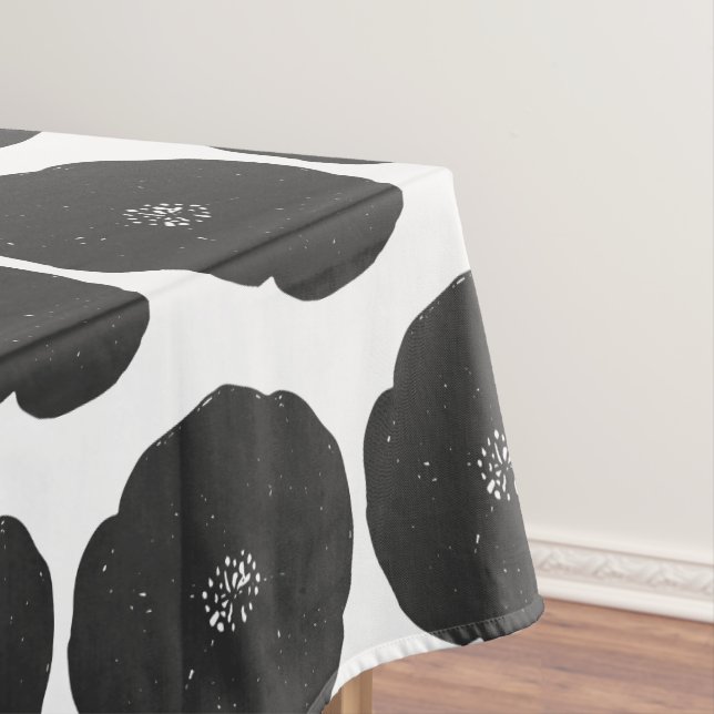 Retro Poppy Floral Art Pattern in Black and White Tablecloth (In Situ)