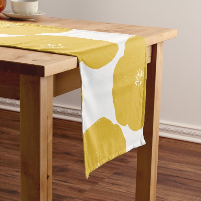 Retro Poppy Floral Art Pattern in Yellow and White Short Table Runner (In Situ)
