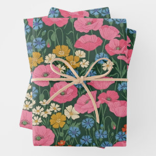 Retro Poppy Meadow Dark Green Floral Wrapping Pape Paper Sheet