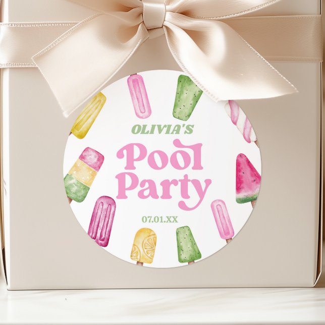 Retro Popsicle Birthday Pool Party Classic Round Sticker (Creator Uploaded)