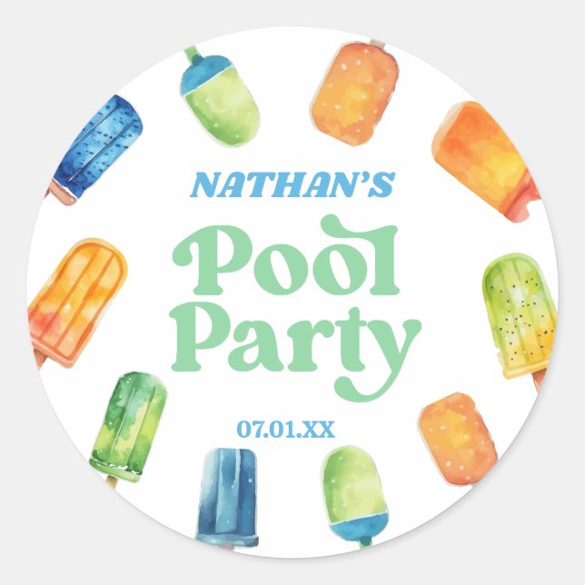 Retro Popsicle Birthday Pool Party Classic Round Sticker (Front)