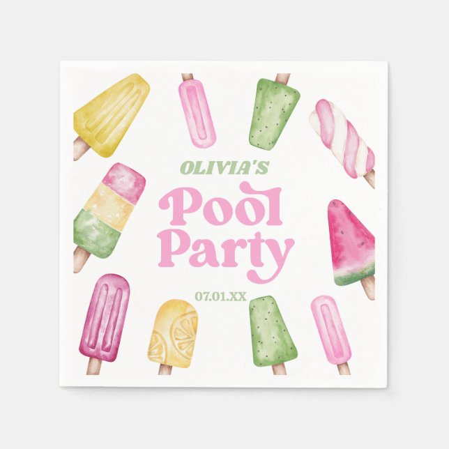 Retro Popsicle Birthday Pool Party Napkin (Front)