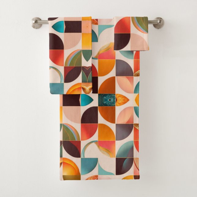 Retro Popular Abstract Squares Collection Bath Towel Set (Insitu)