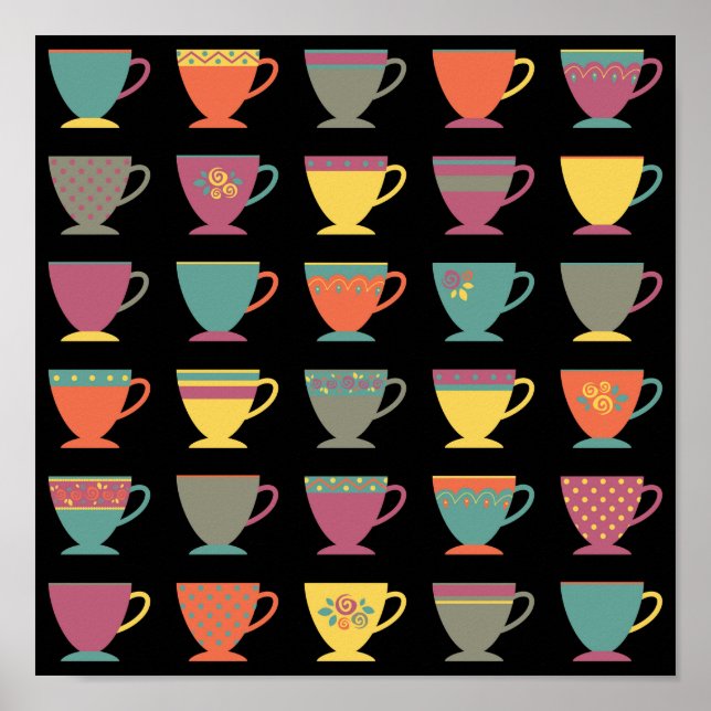 Retro porcelain tea cups, colourful coffee mugs poster (Front)