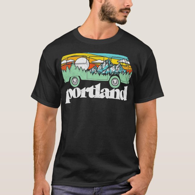 Retro Portland Oregon Hippie Van Mountains Trees   T-Shirt (Front)