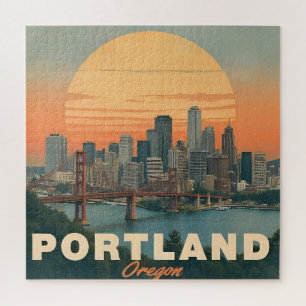 Retro Portland Oregon Skyline Vintage Travel Jigsaw Puzzle