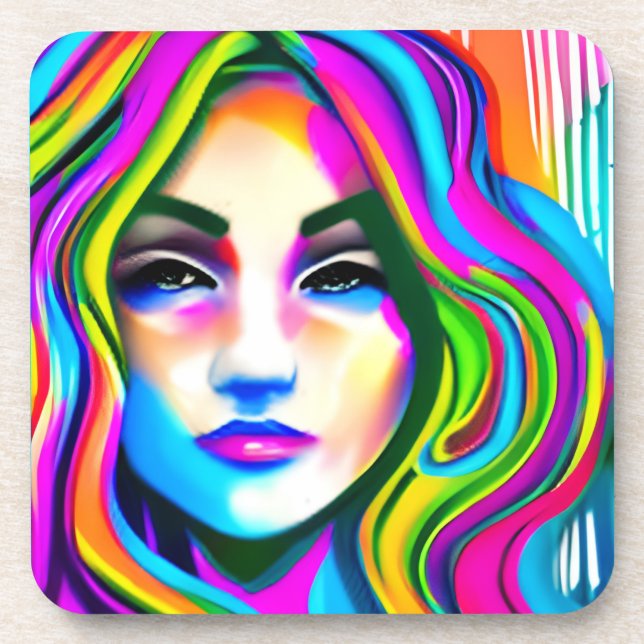 Retro Portrait of a Woman with Rainbow Hair Coaster (Front)