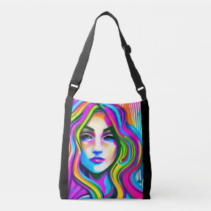 Retro Portrait of a Woman with Rainbow Hair Crossbody Bag
