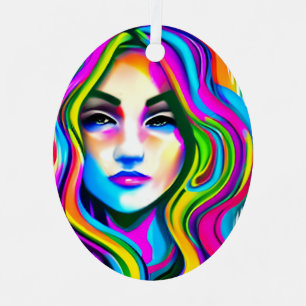 Retro Portrait of a Woman with Rainbow Hair Metal Tree Decoration