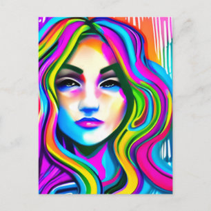 Retro Portrait of a Woman with Rainbow Hair Postcard