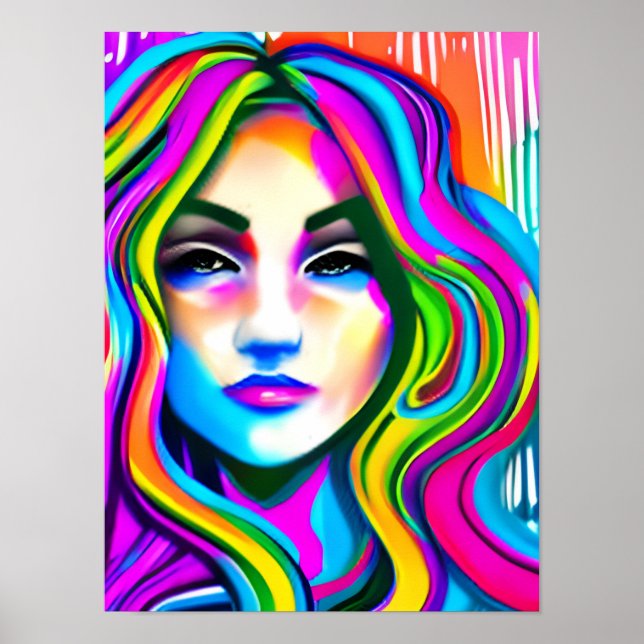 Retro Portrait of a Woman with Rainbow Hair Poster (Front)