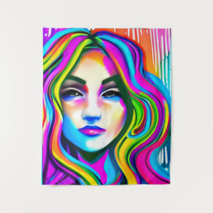 Retro Portrait of a Woman with Rainbow Hair Tapestry