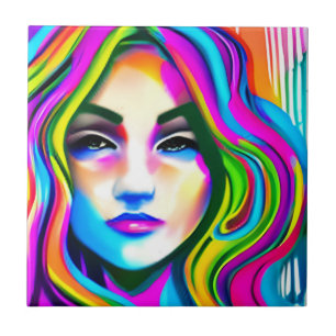 Retro Portrait of a Woman with Rainbow Hair Tile