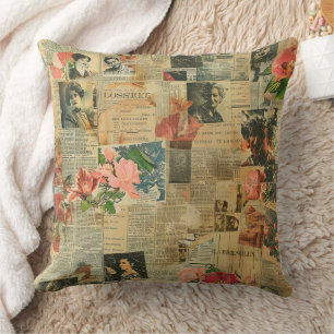 Retro Portrait Orchid Newspaper Botanical Collage Cushion