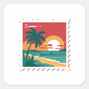 Retro Post Stamp - Beach, Plam, Ocean, and Sunset Square Sticker