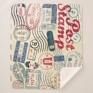 Retro post stamps, vintage collection. sherpa blanket