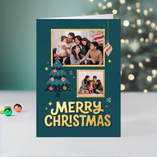 Retro Postage Stamp Deisgn Merry Christmas Collage Foil Holiday Card