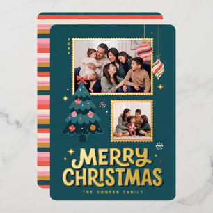 Retro Postage Stamp Merry Christmas Collage Foil Holiday Card