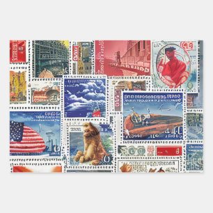 Retro Postage Stamp Wrapping Paper Sheet