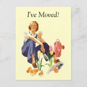 Retro Postcard Plant Flower Garden Lady I've Moved