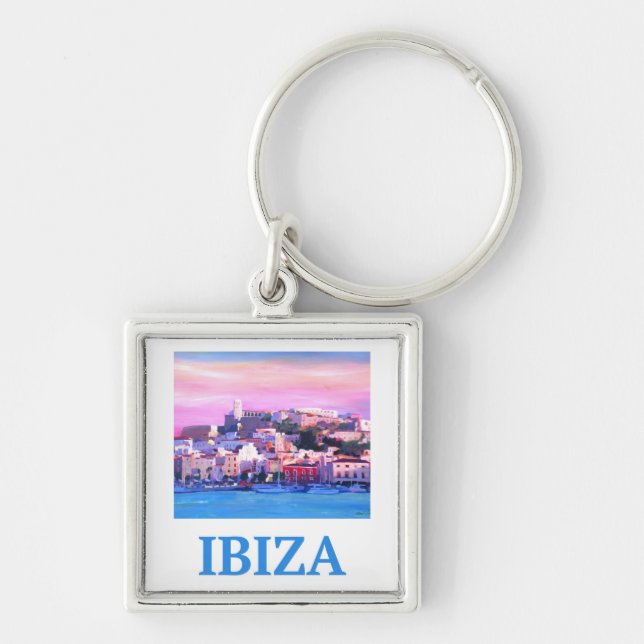Retro Poster Ibiza Old Town and Harbour Key Ring (Front)