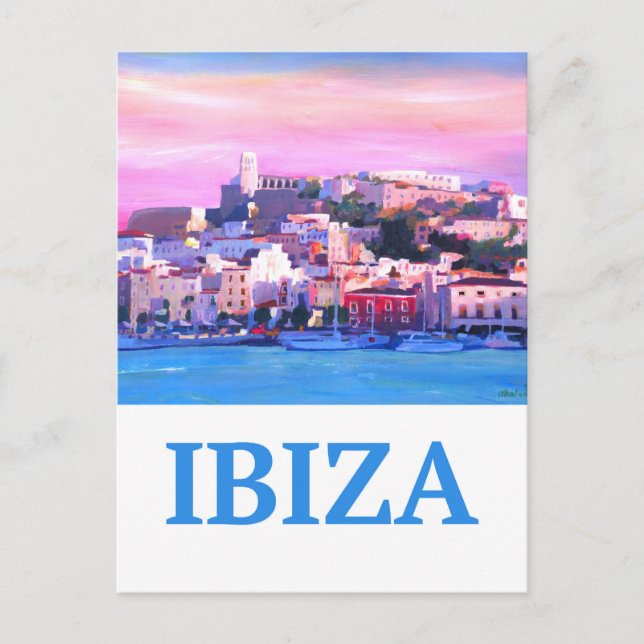 Retro Poster Ibiza Old Town and Harbour Postcard (Front)