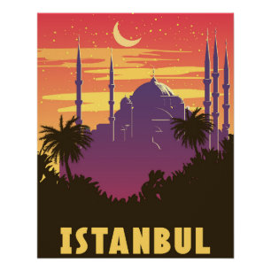 Retro Poster Istanbul, sunset city Turkey