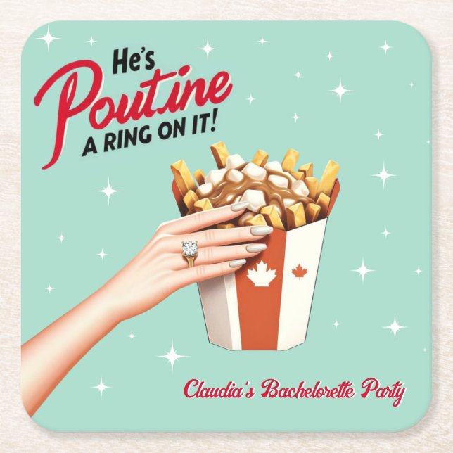 Retro Poutine a Ring on It! Montreal Bachelorette  Square Paper Coaster (Front)