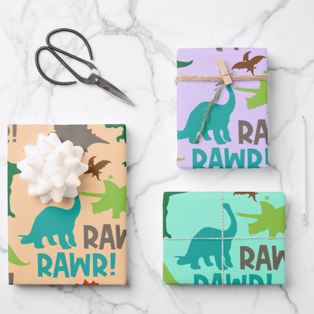  Retro Prehistoric Dinosaurs Birthday Gift Wrapping Paper Sheet (Front)