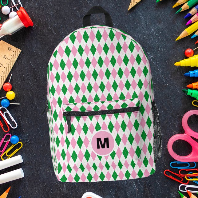 Retro Preppy Argyle Pink And Green Monogram Printed Backpack (Creator Uploaded)