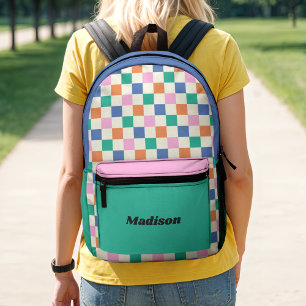 Retro Preppy Colourful Chequered Colorblock Printed Backpack