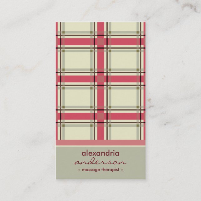 Retro Preppy Plaid Business Cards (silver/pink) (Front)