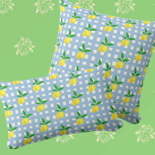 Retro Preppy Style Yellow Lemons Blue White Check Cushion