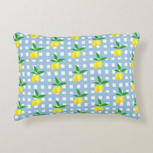Retro Preppy Style Yellow Lemons Blue White Check Decorative Cushion