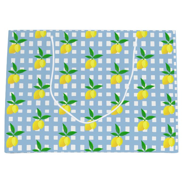 Retro Preppy Style Yellow Lemons Blue White Check Large Gift Bag (Front)