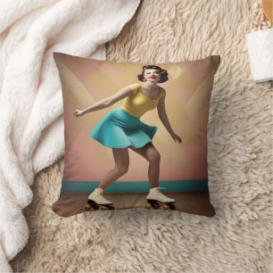 Retro Pretty Lady Roller Skating Backwards, Cushion