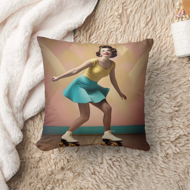 Retro Pretty Lady Roller Skating Backwards, Cushion (Blanket)