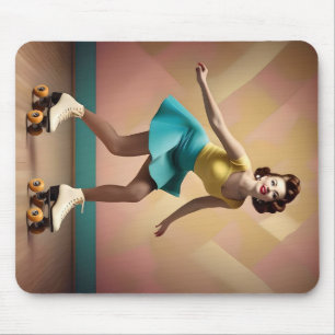 Retro Pretty Lady Roller Skating Lets Roll,  Mouse Mat