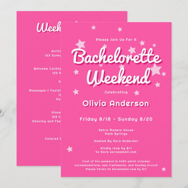 Retro Pretty Pink Malibu Stars Bachelorette  Invitation (Front/Back)