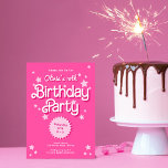 Retro Pretty Pink Malibu Stars Birthday Party Invitation<br><div class="desc">This retro inspired birthday party invitation features a bright pink background,  retro inspired typography. The back has the same bright pink colour with a white diagonal stripe pattern. The look is feminine and fun!</div>