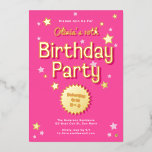 Retro Pretty Pink Stars Birthday Party<br><div class="desc">This retro inspired birthday party invitation features a bright pink background with pink / raised foil stars and retro inspired typography. The back has the same bright pink colour with a white diagonal stripe pattern. The look is feminine and fun!</div>