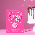 Retro Pretty Pink Stars Birthday Party Invitation<br><div class="desc">This retro inspired birthday party invitation features a bright pink background,  retro inspired typography. The back has the same bright pink colour with a white diagonal stripe pattern. The look is feminine and fun!</div>