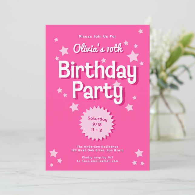 Retro Pretty Pink Stars Birthday Party Invitation (Standing Front)