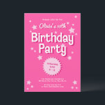 Retro Pretty Pink Stars Birthday Party Invitation<br><div class="desc">This retro inspired birthday party invitation features a bright pink background,  retro inspired typography. The back has the same bright pink colour with a white diagonal stripe pattern. The look is feminine and fun!</div>