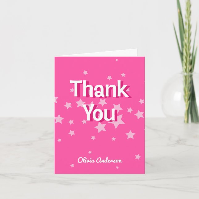 Retro Pretty Pink Stars Birthday Party Thank You Card (Front)