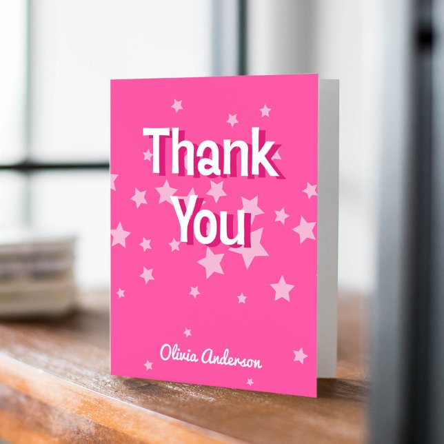 Retro Pretty Pink Stars Birthday Party Thank You Card (Creator Uploaded)