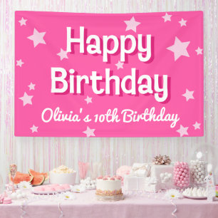 Retro Pretty Pink Stars Happy Birthday Banner