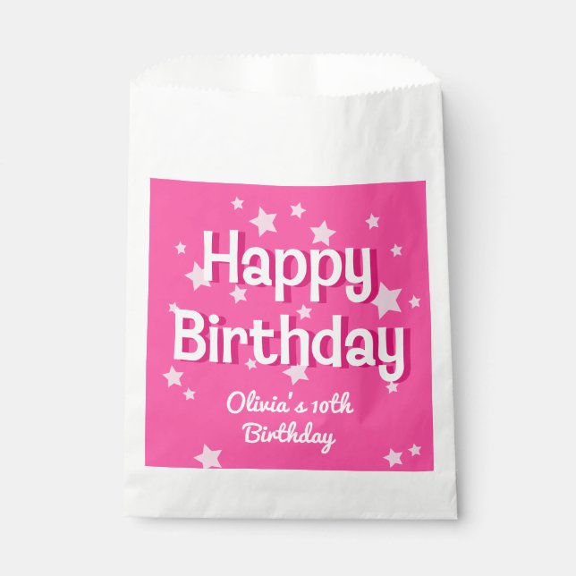 Retro Pretty Pink Stars Happy Birthday  Favour Bags (Front)