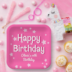 Retro Pretty Pink Stars Happy Birthday  Paper Plate